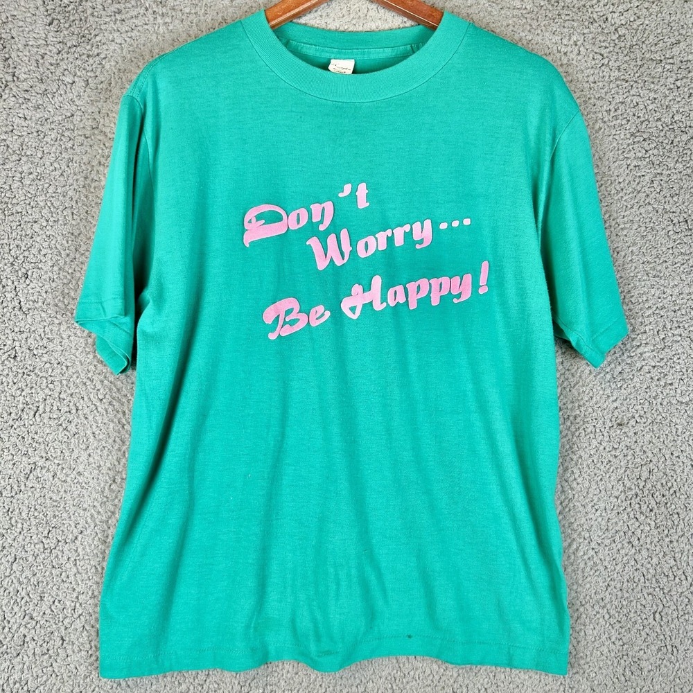 Vintage 80s Don't Worry Be Happy T Shirt Large Single Stitch Beachy hippie vibes